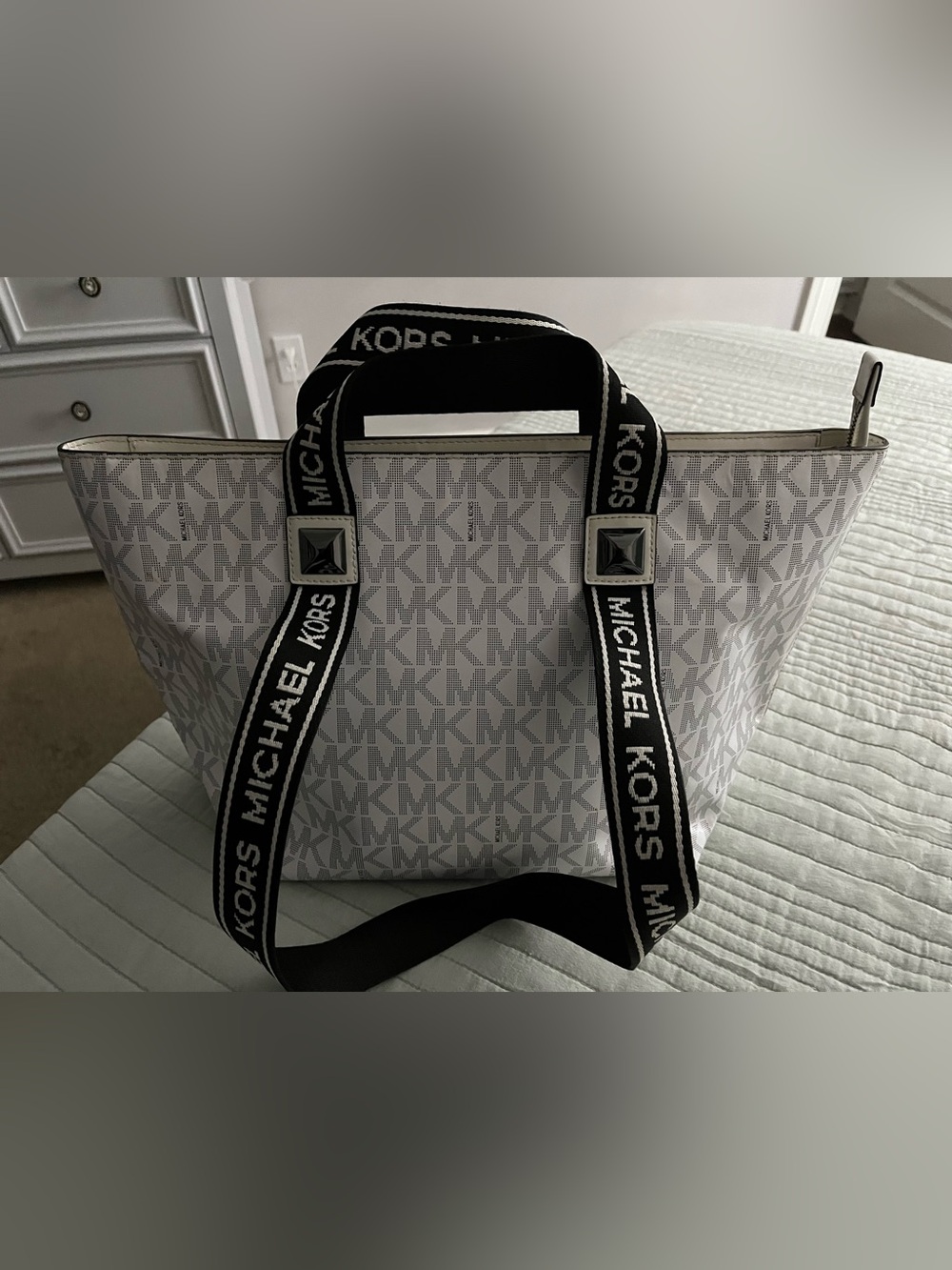 Michael Kors Kelly White Logo Tote Bag with Black Webbing Straps